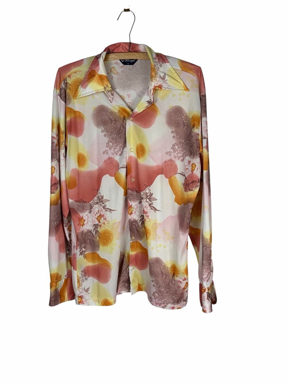 Vintage Donegal Floral Shirt Mens L  70s Butterfly Collar Pink Yellow Retro